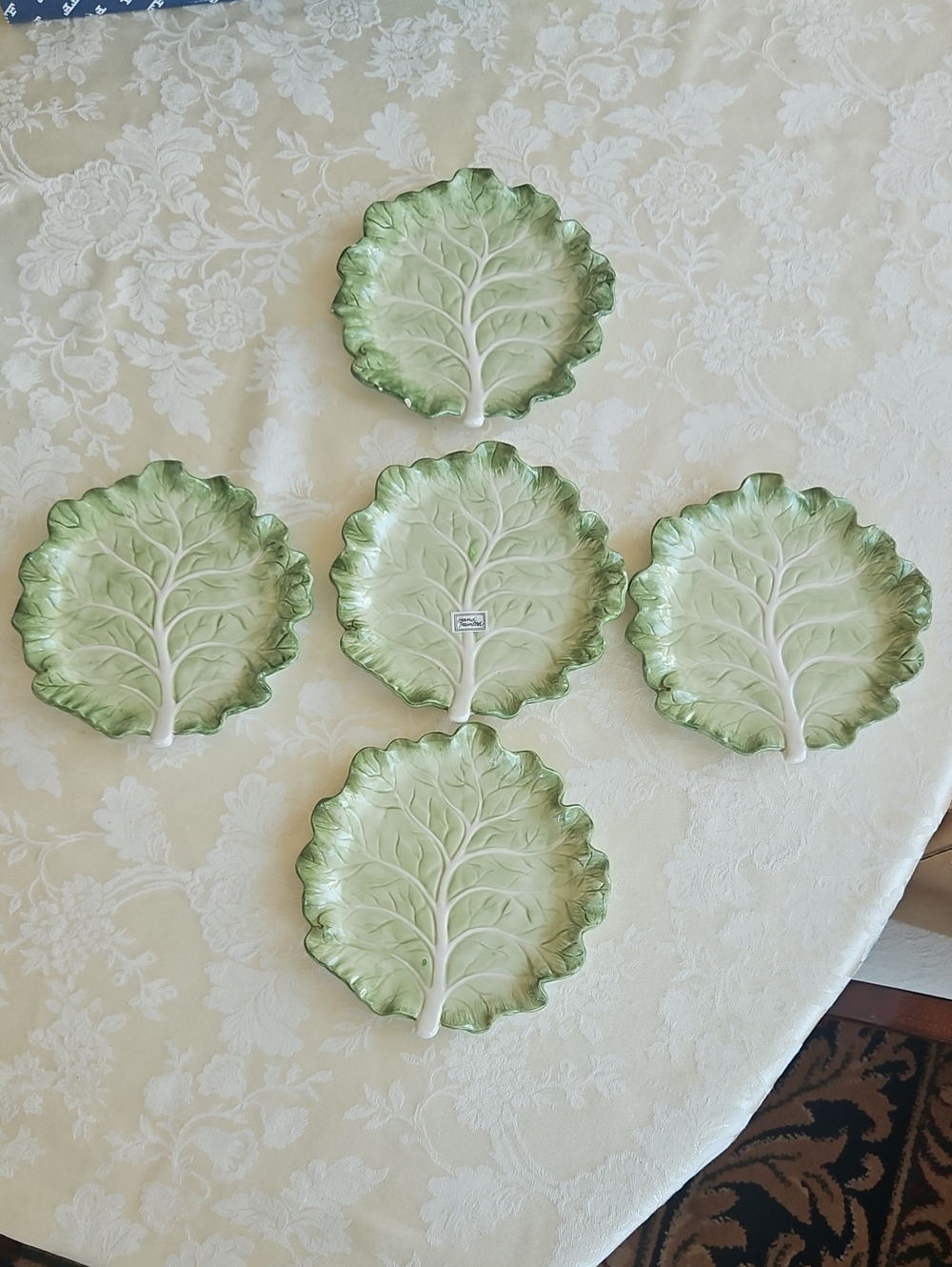 5 VTG Fitz and Floyd Cabbage Leaf Green Majolica Ironstone Plates